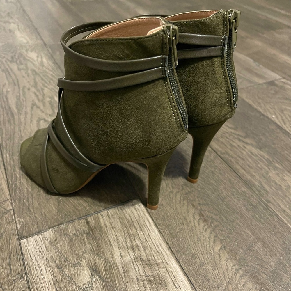 Olive Green Suede Lace-Up Heeled Booties | Open Toe Stiletto | Size 6 - Picture 10 of 10